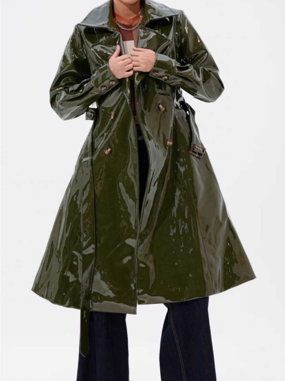 AKIRA MITICA PATENT TRENCH IN OLIVE Size LL - Picture 3 of 6
